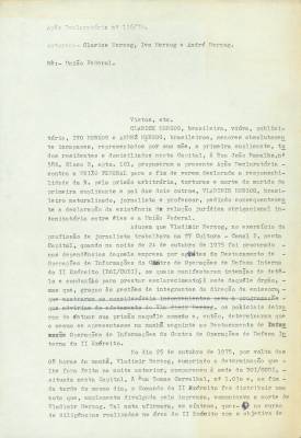Rascunho da sentença judicial do juiz Márcio José de Moraes em resposta à Ação de Clarice Herzog e filhos contra a União pela morte de Vladimir Herzog, 1978
